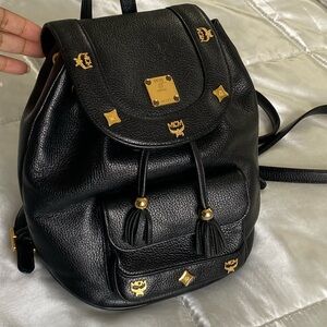 MCM Vintage Black Backpack with Gold Studded Logo and Drawstring